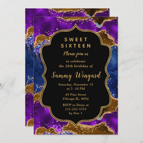 Brown and Blue Peacock Agate Sweet Sixteen Invitation