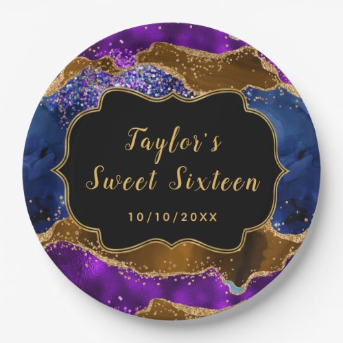 Brown and Blue Peacock Agate Sweet Sixteen Paper Plates