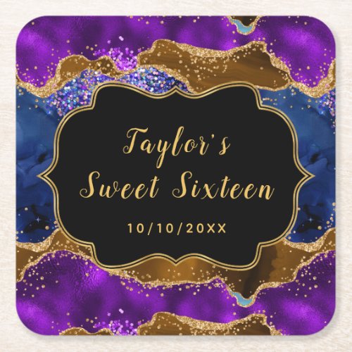 Brown and Blue Peacock Agate Sweet Sixteen Square Paper Coaster