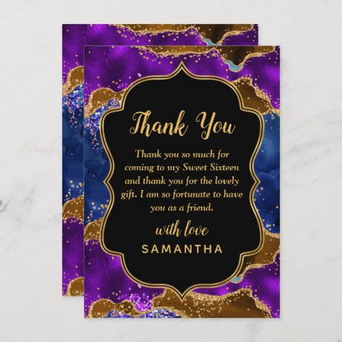 Brown and Blue Peacock Agate Sweet Sixteen Thank You Card