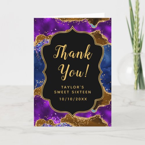 Brown and Blue Peacock Agate Sweet Sixteen Thank You Card