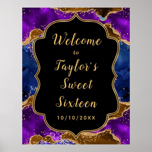Brown and Blue Peacock Agate Sweet Sixteen Welcome Poster