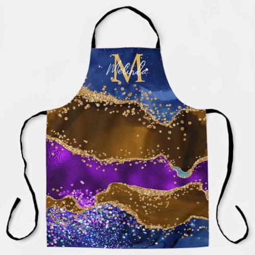 Brown and Blue Peacock Faux Glitter Agate Apron