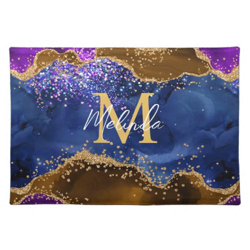 Brown and Blue Peacock Faux Glitter Agate Cloth Placemat