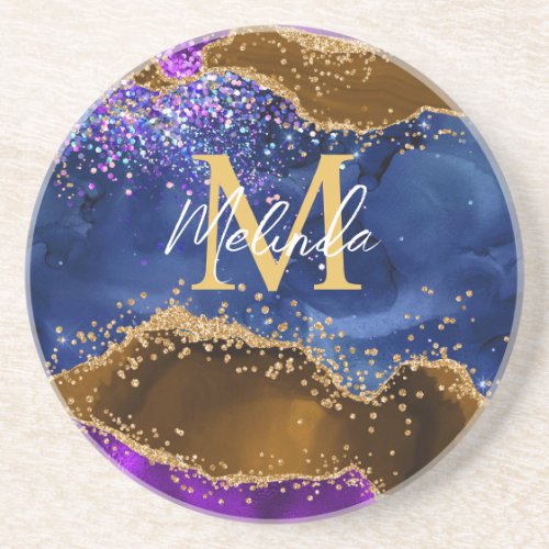 Brown and Blue Peacock Faux Glitter Agate Coaster