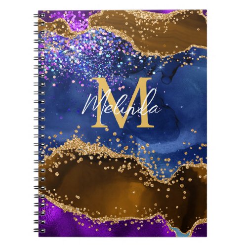 Brown and Blue Peacock Faux Glitter Agate Notebook