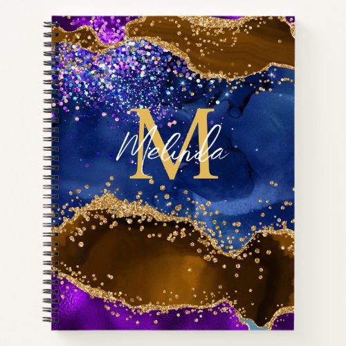 Brown and Blue Peacock Faux Glitter Agate Notebook