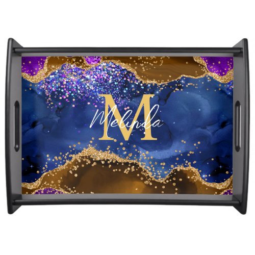 Brown and Blue Peacock Faux Glitter Agate Serving Tray