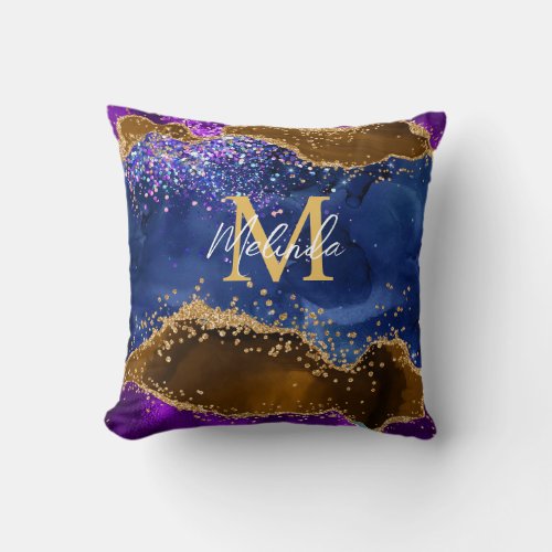 Brown and Blue Peacock Faux Glitter Agate Throw Pillow