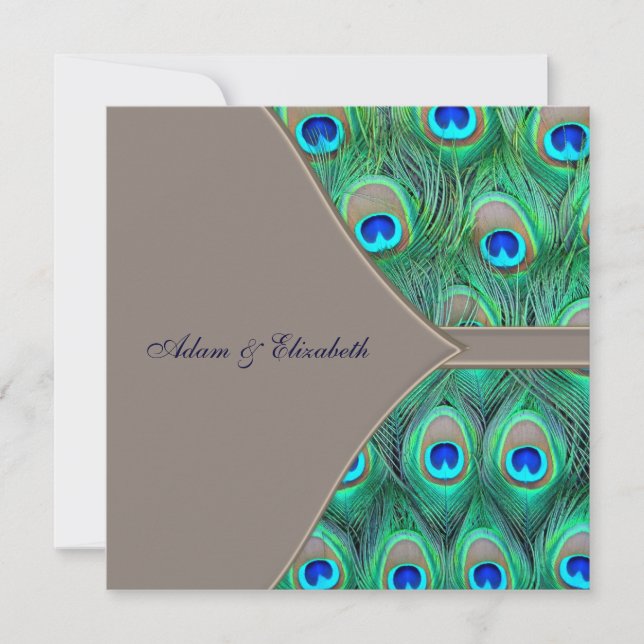 Brown and Blue Peacock Wedding Invitation (Front)