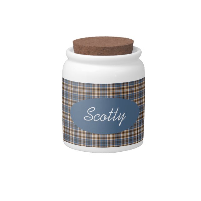Brown and Blue Plaid Dog Treat Candy Jar (Front)