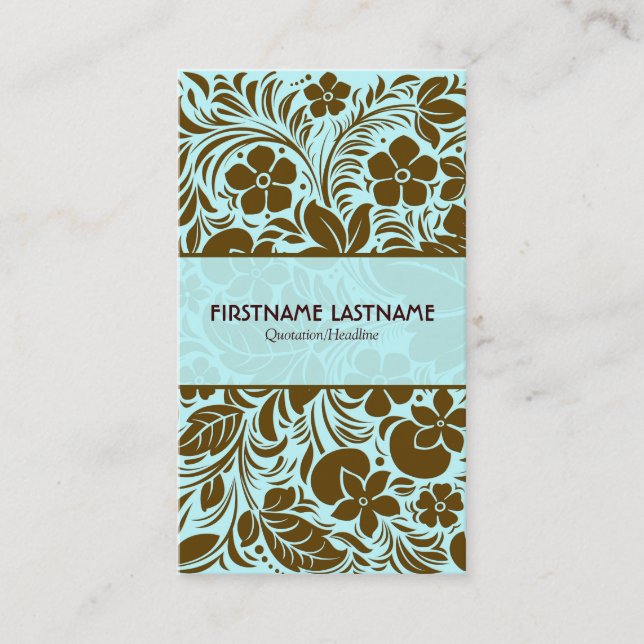 Brown And Blue Retro Floral And Leafs Pattern 2 Business Card (Front)