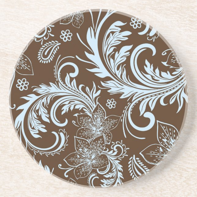 Brown And Blue Retro Flowers & Swirls Design Coaster (Front)