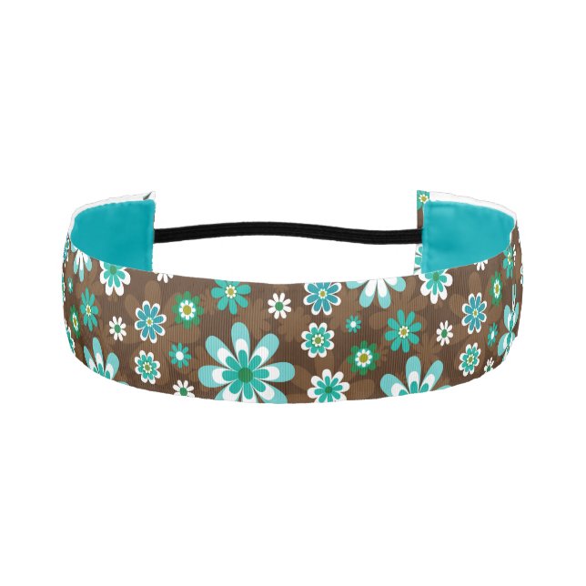Brown and Blue Retro Mod Flowers  Athletic Headband (Front)