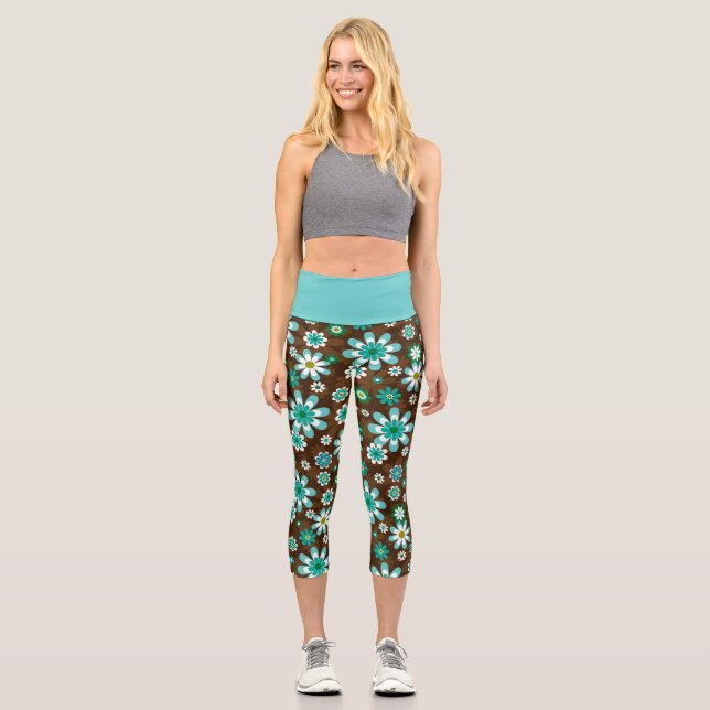 Brown and Blue Retro Mod Flowers  Capri Leggings (Front)