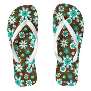 Brown and Blue Retro Mod Flowers Flip Flops