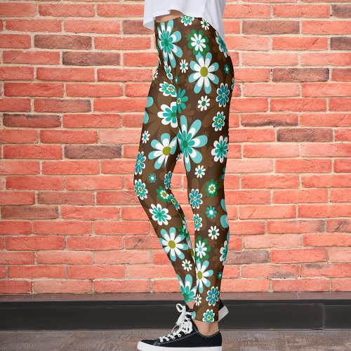 Brown and Blue Retro Mod Flowers Leggings