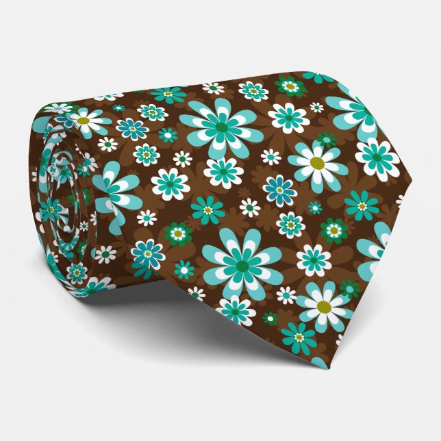 Brown and Blue Retro Mod Flowers  Neck Tie (Rolled)
