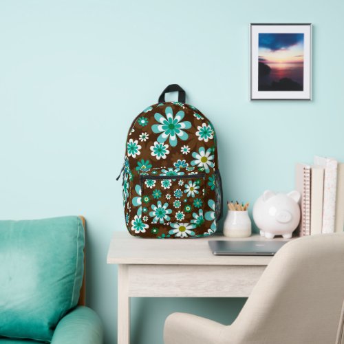 Brown and Blue Retro Mod Flowers  Printed Backpack