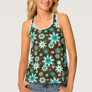 Brown and Blue Retro Mod Flowers Tank Top