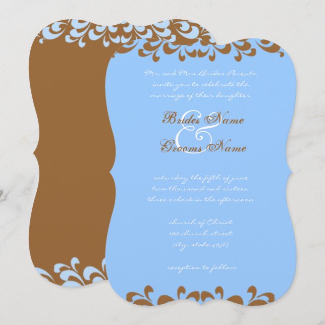 Brown and Blue Swirls Wedding Invitation (Front/Back)