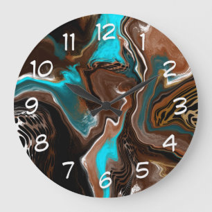 Brown and Blue Teal Marble Fluid Art Large Clock