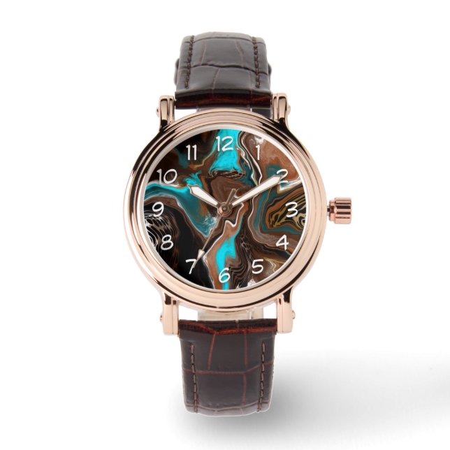 Brown and Blue Teal Marble Fluid Art     Watch (Front)