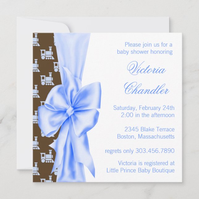 Brown and Blue Train Baby Boy Shower Invitation (Front)
