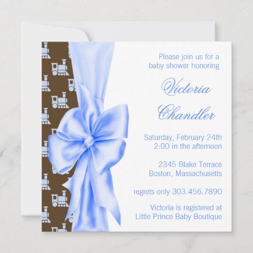Brown and Blue Train Baby Boy Shower Invite
