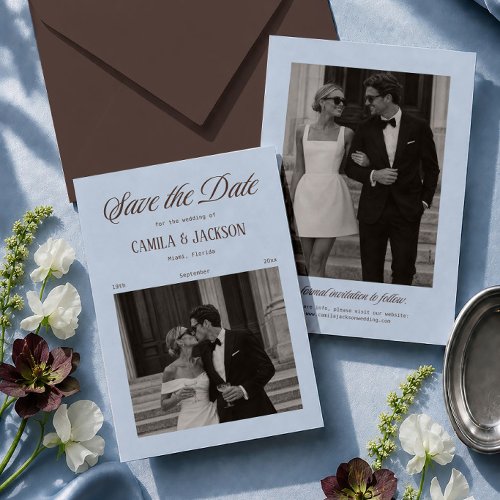 Brown and Blue Wedding Save the Date Photo Invitation