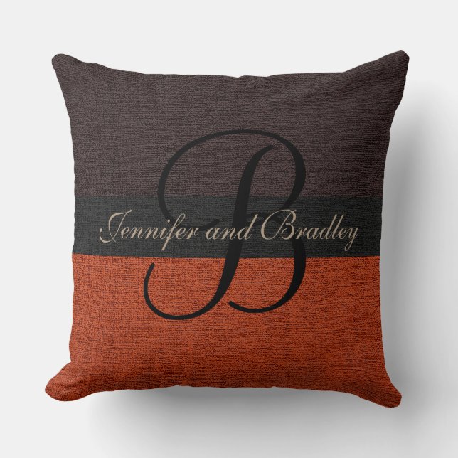 Brown and Brick Red Elegant Monogram Wedding Throw Pillow (Front)