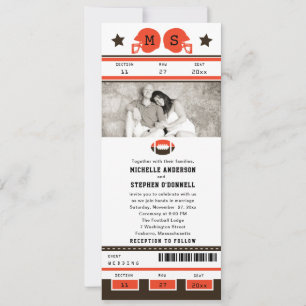 Brown and Bright Orange Football Ticket Wedding Invitation