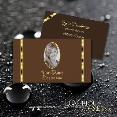 Brown and Chic Gold Decor with Photo Professional Business Card