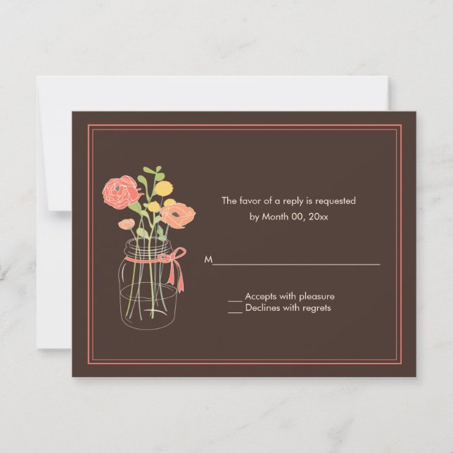 Brown and Coral Mason Jar RSVP Response Cards (Front)