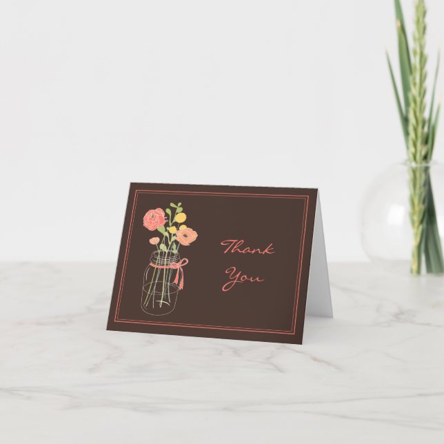 Brown and Coral Mason Jar Thank You Cards (Front)