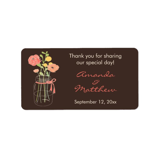 Brown and Coral Mason Jar Wedding Favor Labels (Front)