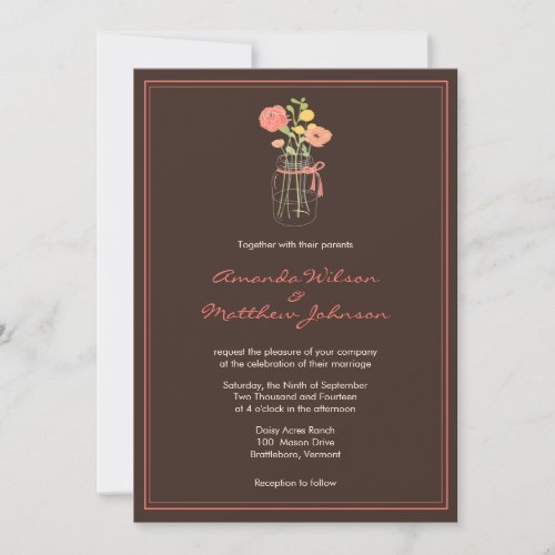 Brown and Coral Mason Jar Wedding Invitations