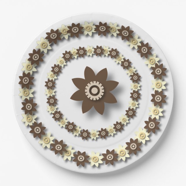 Brown and Cream Floral  Paper Plates (Front)