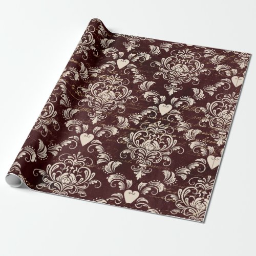 Brown and Cream Gothic Damask pattern Wrapping Paper