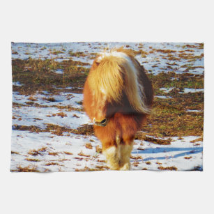 Brown and cream miniature horse in the snow. kitchen towel