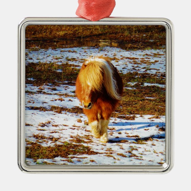 Brown and cream miniature horse in the snow. metal ornament (Front)