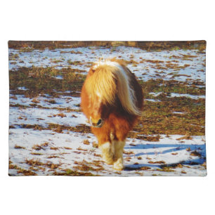Brown and cream miniature horse in the snow. placemat