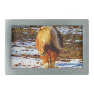 Brown and cream miniature horse in the snow. rectangular belt buckle