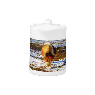 Brown and cream miniature horse in the snow. teapot