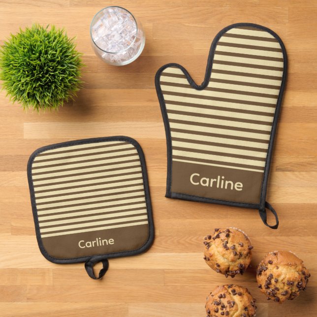 Brown and Cream Stripes Oven Mitt & Pot Holder Set (Top Down)