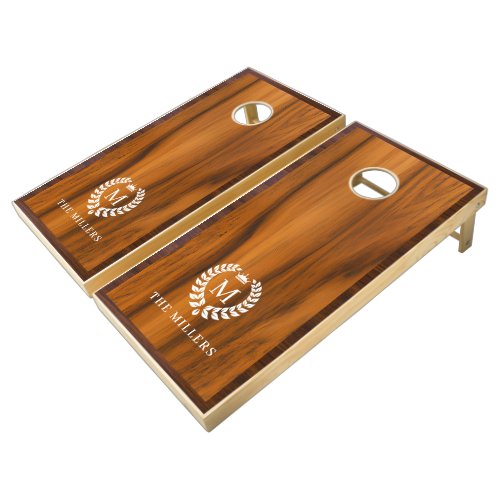 Brown and dark mahogany wood white laurel wreath cornhole set