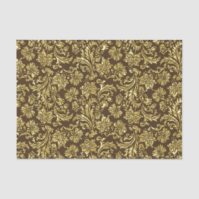 Brown And Faux Metallic Gold Floral Damasks Tissue Paper (Front)