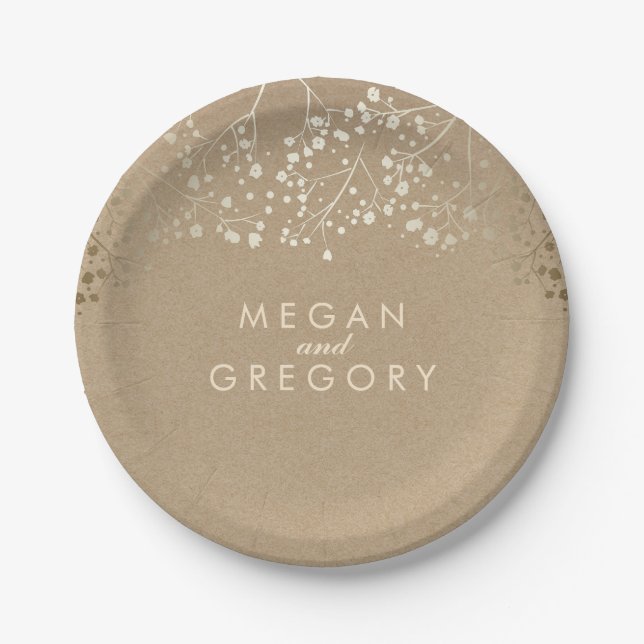 Brown and Gold Baby's Breath Wedding Paper Plates (Front)