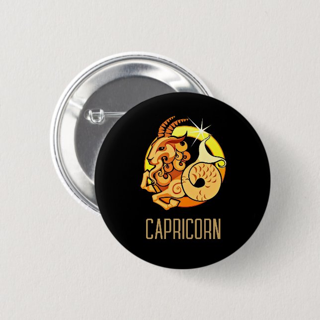 Brown and gold Capricorn zodiac sign black Button (Front & Back)