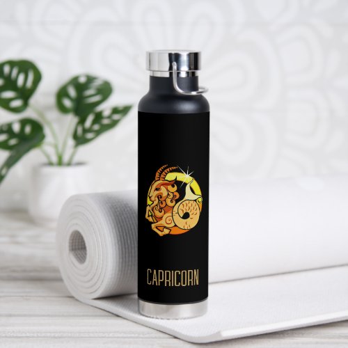 Brown and gold Capricorn zodiac sign black Water Bottle